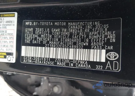 2005 Toyota Corolla Ce/Le/S z USA, uszkodzony, nr VIN 2T1BR32E65C489932